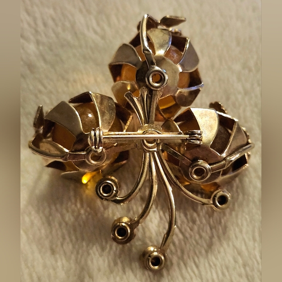 Vintage Artisan Blown Glass Orbs, Goldtone Floral & Rhinestone Brooch/Pendant - Picture 5 of 5